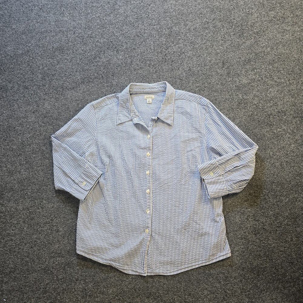 LL Bean Top Womens Large Petite Blue White Striped Seersucker Button Up Casual